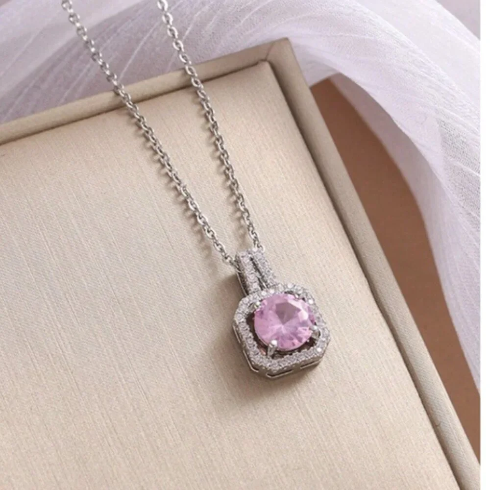 925 Sterling Silver Pink Sapphire Halo Pendant Necklace